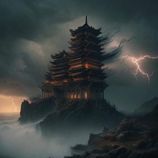 Fujin, God of Wind, Amidst Stormy Pagoda