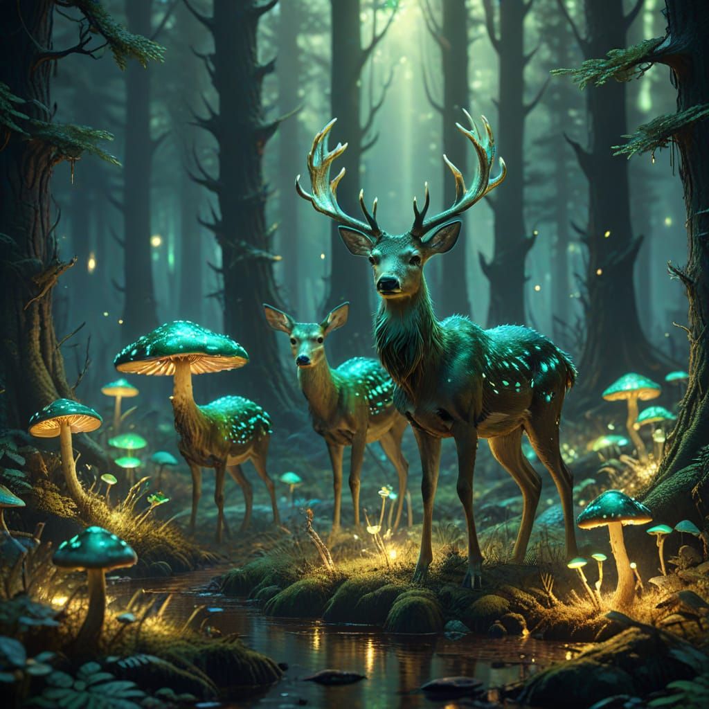 Glowing Green Deer and Mushrooms, Oil Painting