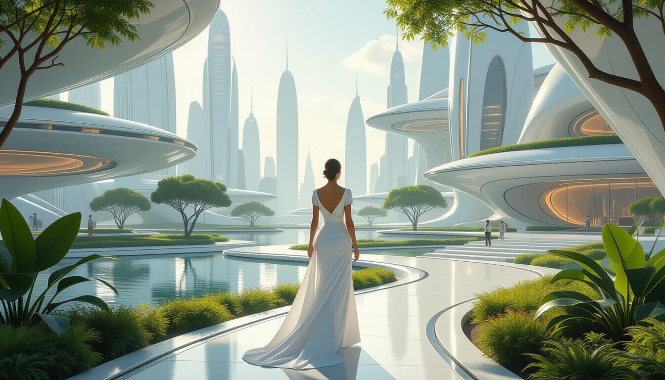 Utopian Frutiger Architecture with Serene Woman