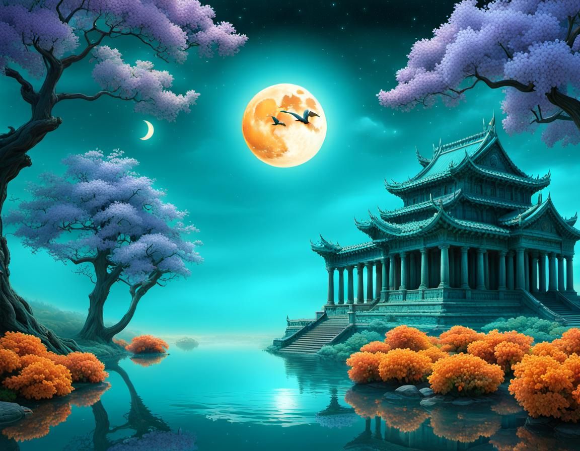 Atlantis Temples Under Orange Moon in Art Deco Style