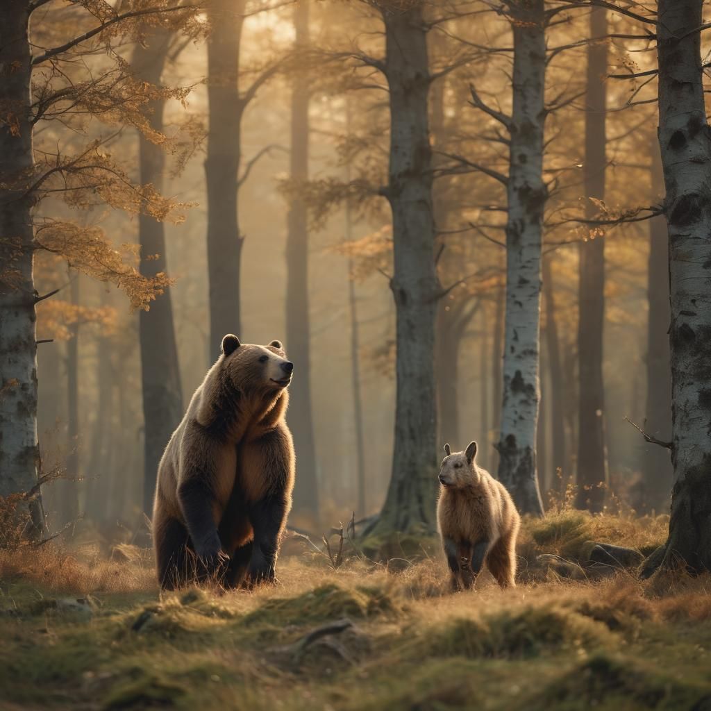 Muscular Bear and Hare in Forest Clearing