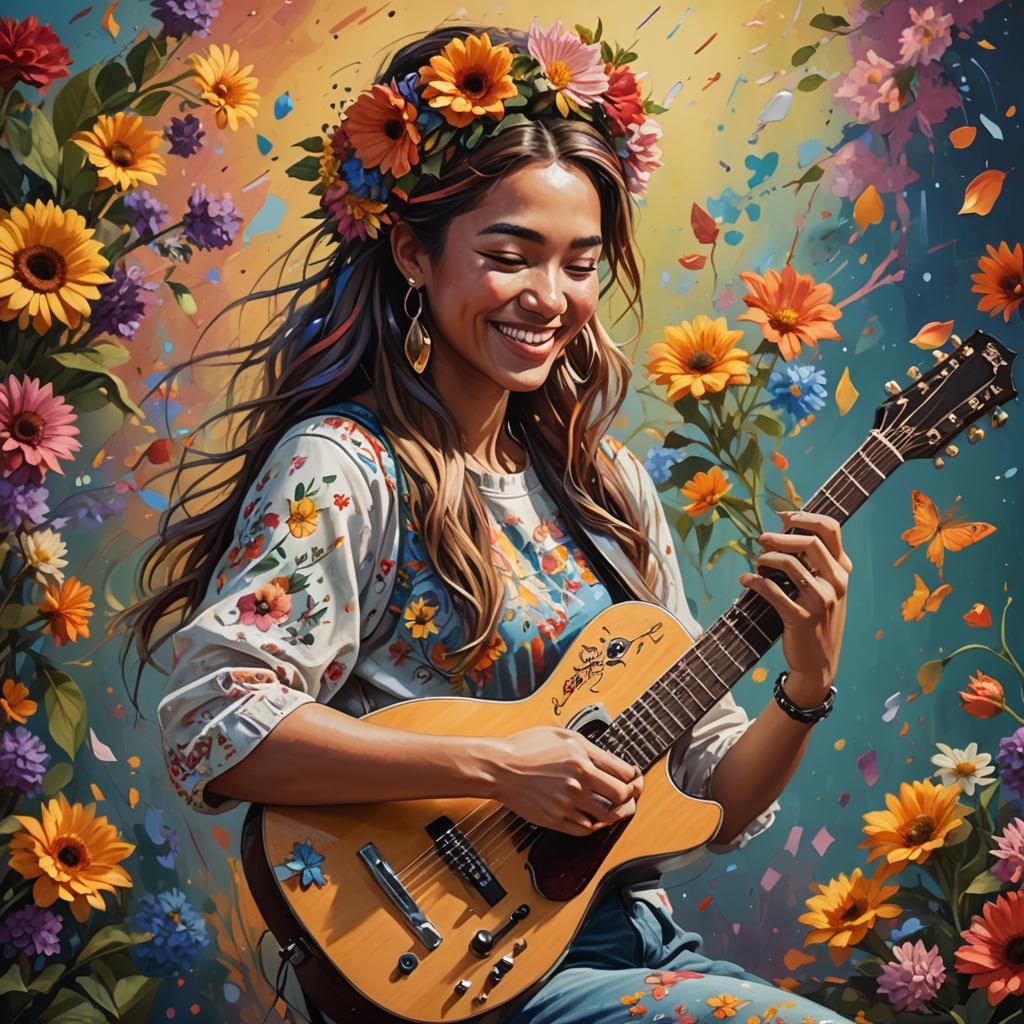Girl with Flowers Plays Guitar: Splash Art Portrait