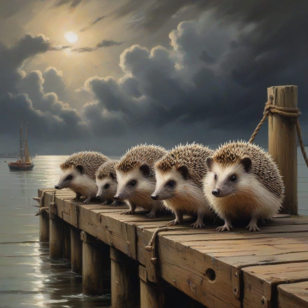 Hedgehogs as Fishermen in Stormy Coastal Village