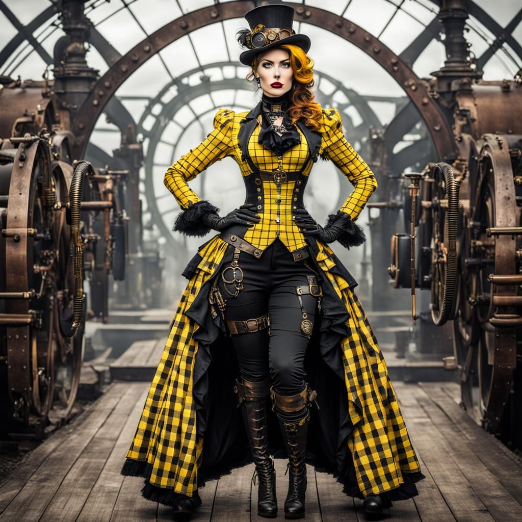 Steampunk lady in plaid outfit