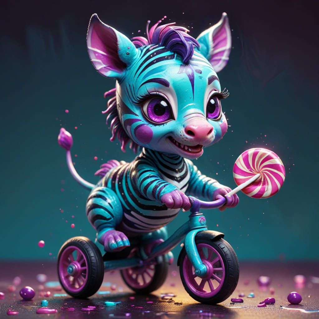 Chibi Zebra Rides Tricycle in Graffiti Art Style
