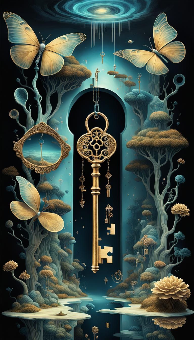 Dreamlike Keys Float in Surreal Landscape