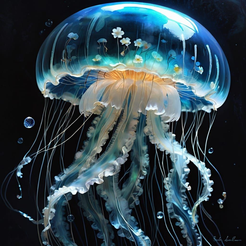 Bioluminescent Jellyfish in Dark Ocean with Flowers