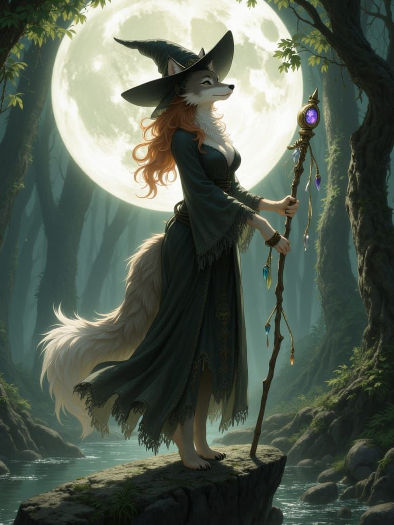 Furry Wolf Witch Dancing Under the Moon