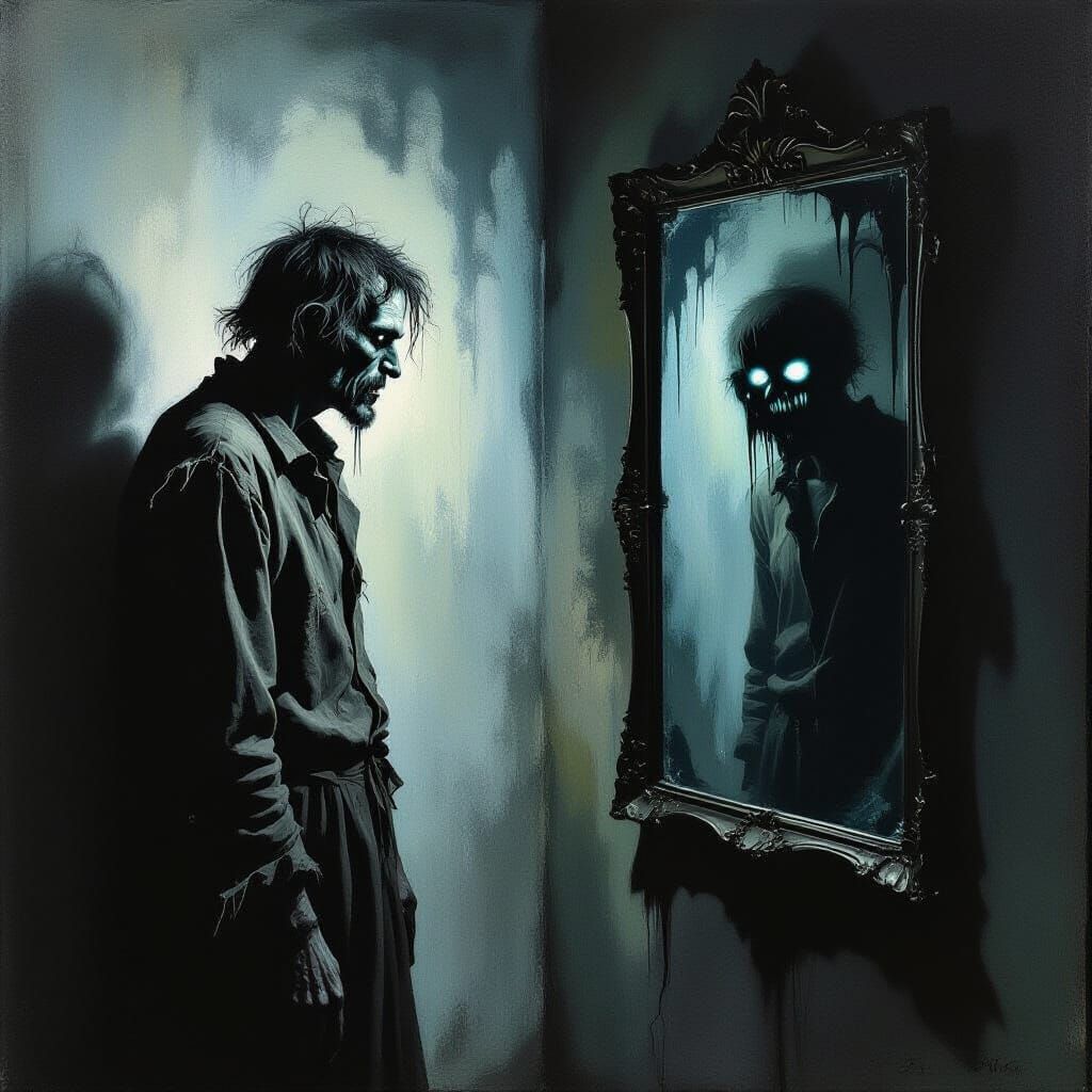 Troubled Figure Gazing into Distorted Mirror