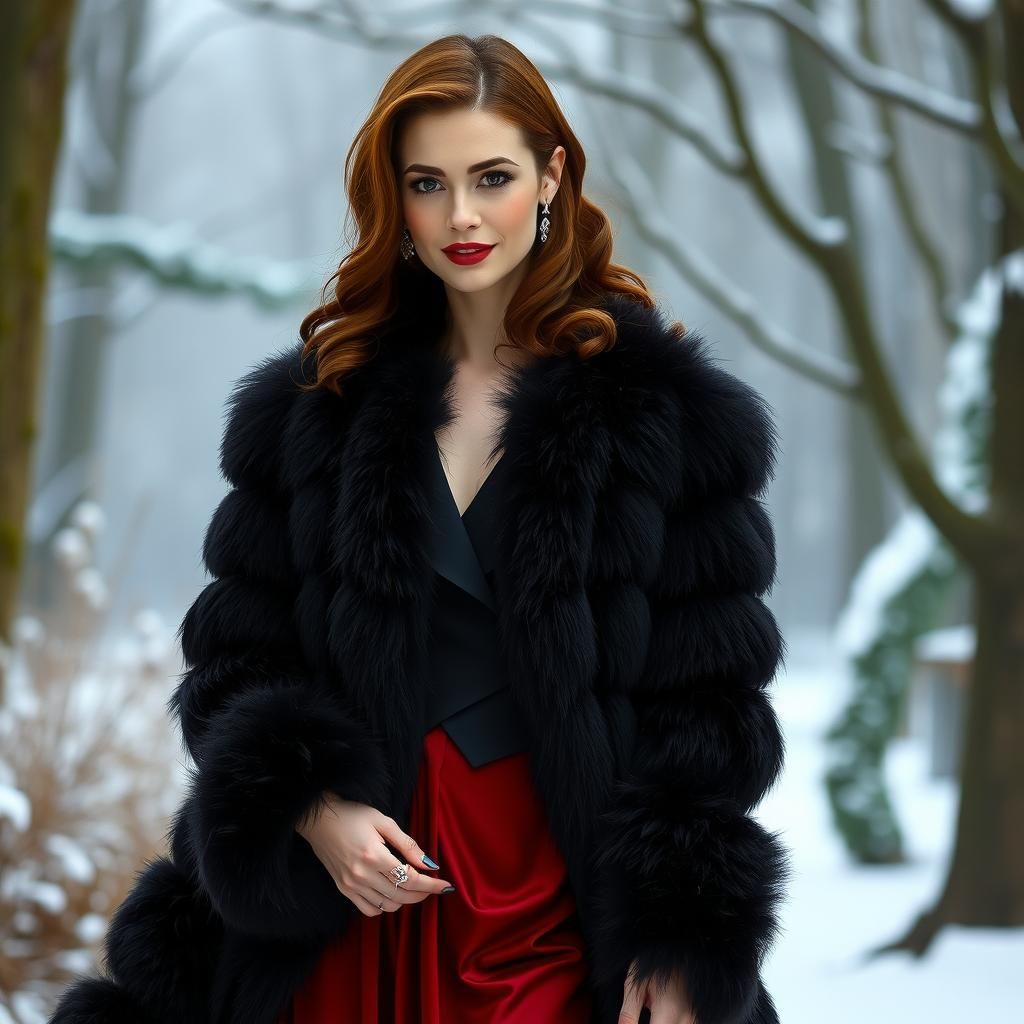 Woman in Fur Coat and Burgundy Gown