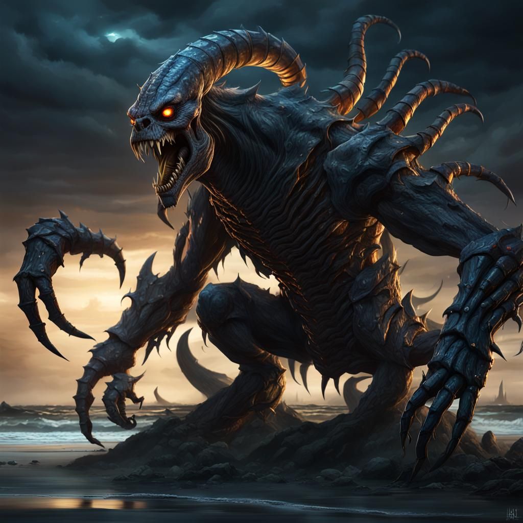 Scorpion Monster on Dark Beach: Digital Matte Painting