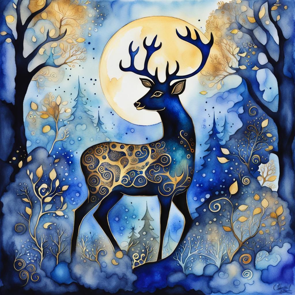 Mystical Deer in Surrealist Watercolor Forest