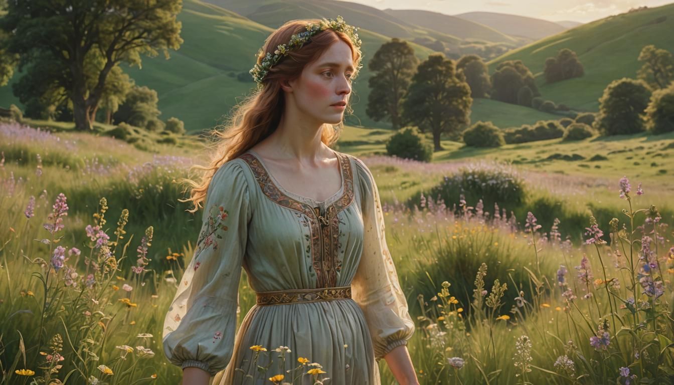 Woman in Sunlit Meadow: A Pre-Raphaelite Painting