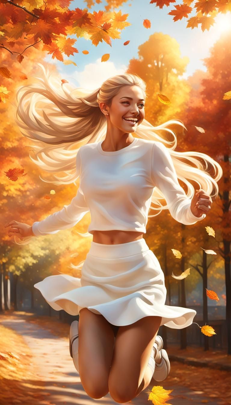 Woman Jumps in Autumn Leaves: Hyperrealistic Splash Art