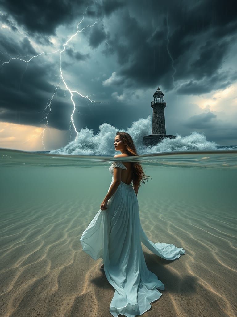Serene Woman Amidst Turbulent Stormy Seascape
