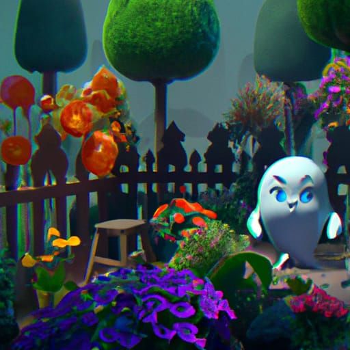 Cartoon Ghost in Realistic Flower Garden
