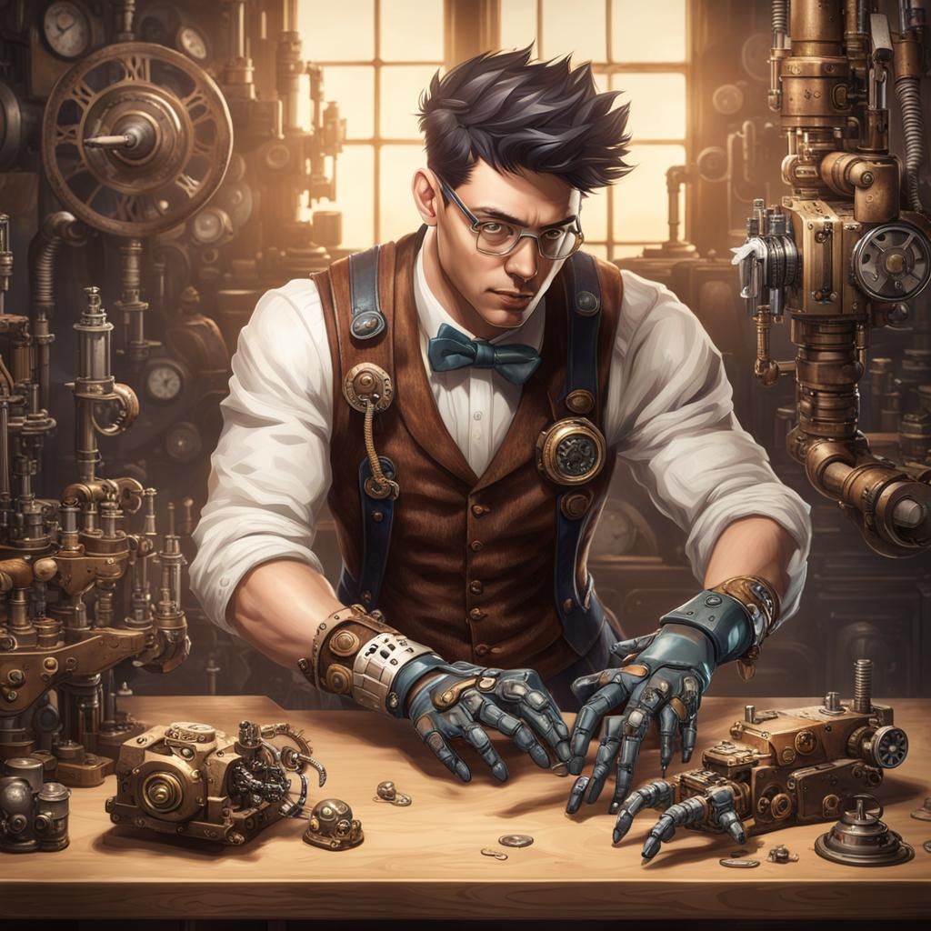 Steampunk Mechanic and Mouse Repairing Robotic Arm