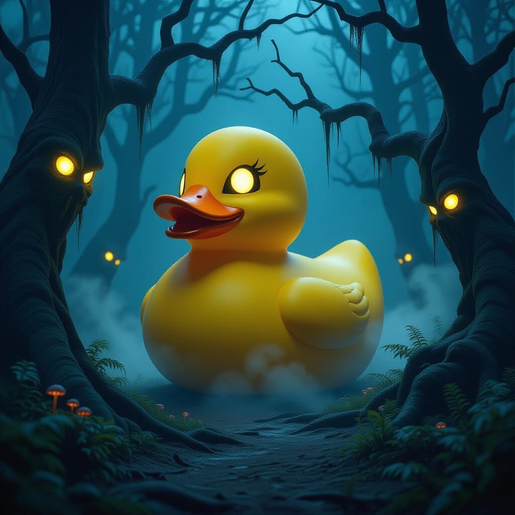 Giant Rubber Duck in Spooky Forest at Night