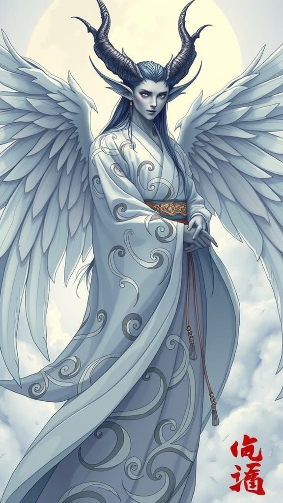 Majestic Nephilim with Ethereal Wings and Traditional Japane...