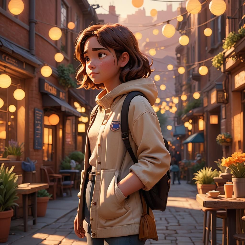Romantic Pixar-Style Girl in Golden Light