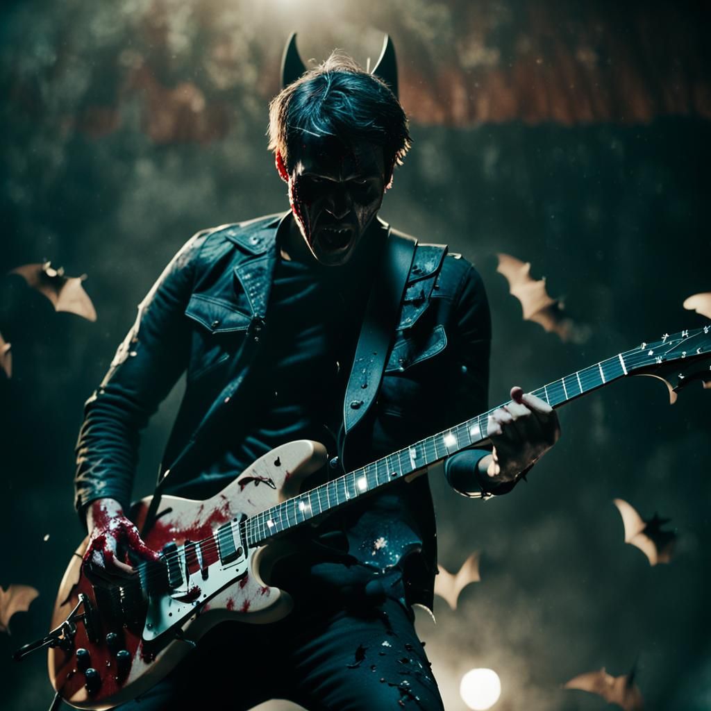 Furious Guitarist Under Bat Attack: A Cinematic Film Still