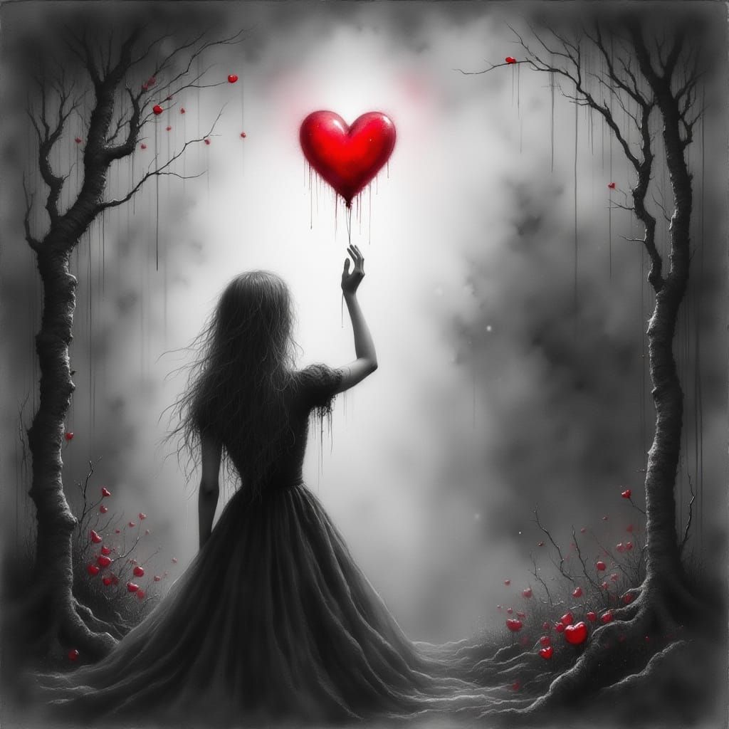 Ethereal Woman Releases Red Heart Balloon