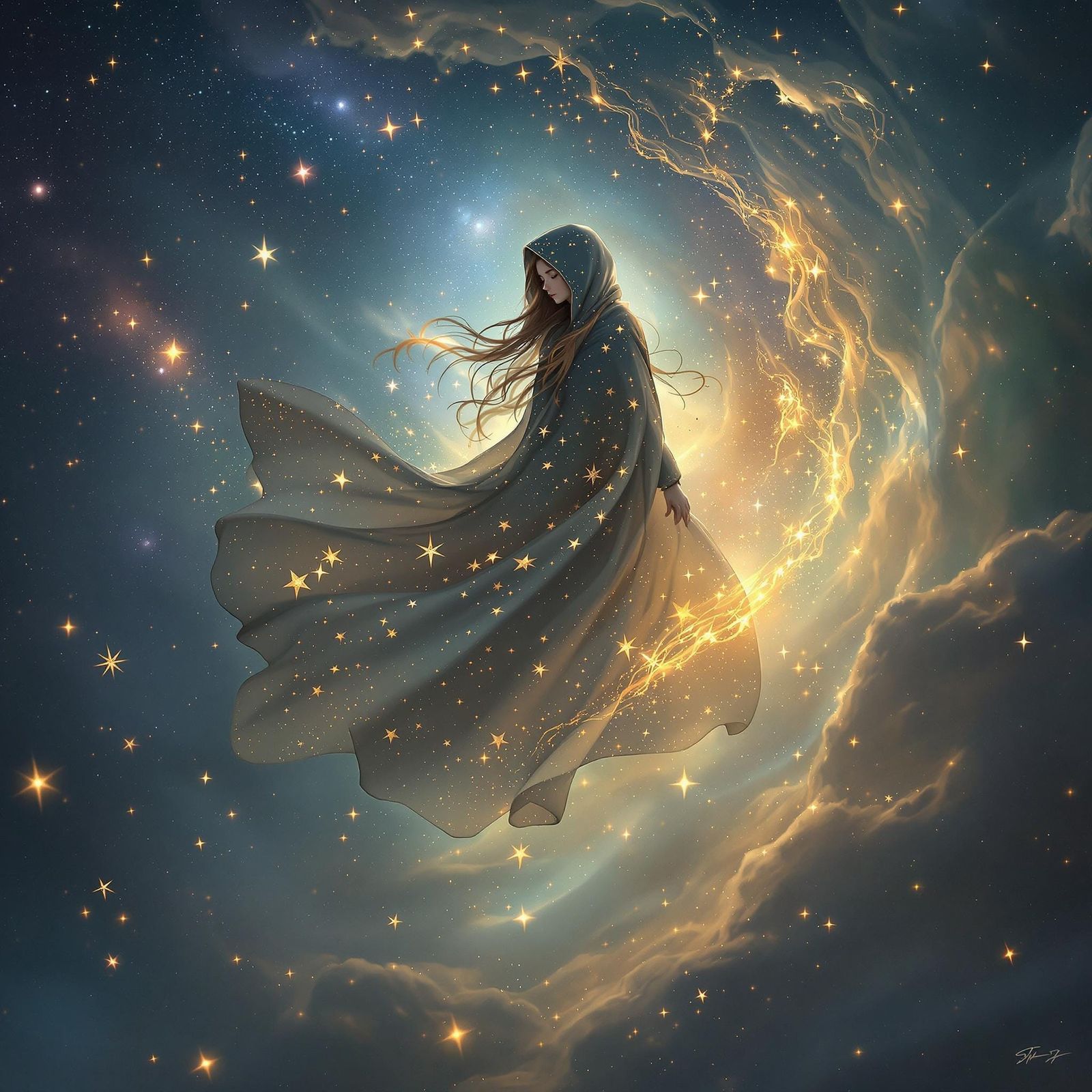 Girl in Star Cloak Floating in Ambient Universe