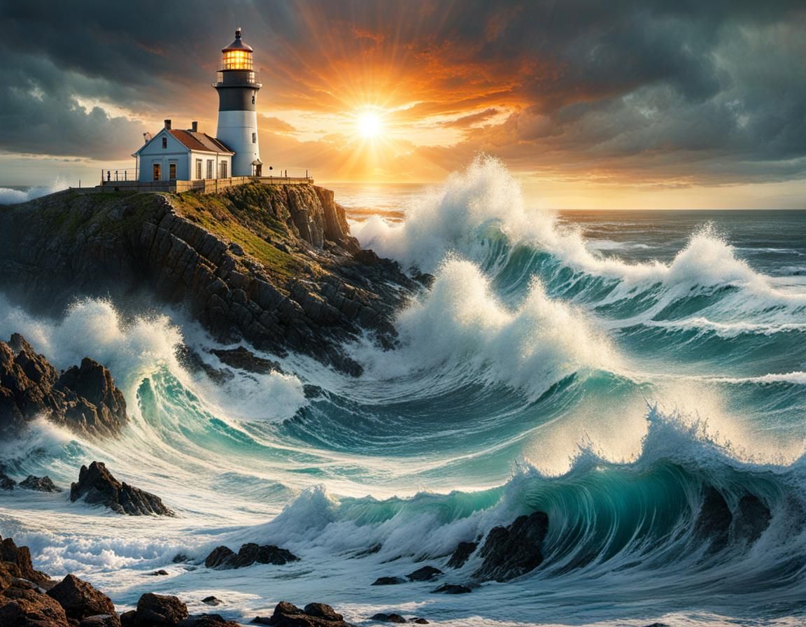 Dramatic Waves Crashing on Rocky Coastline