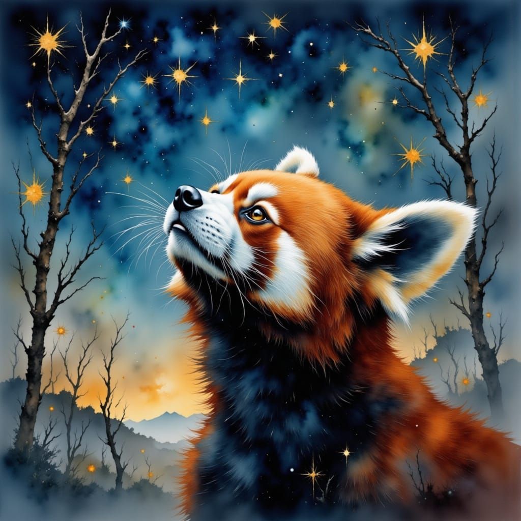 Red Panda Gazes at Starry Night Sky in Watercolor