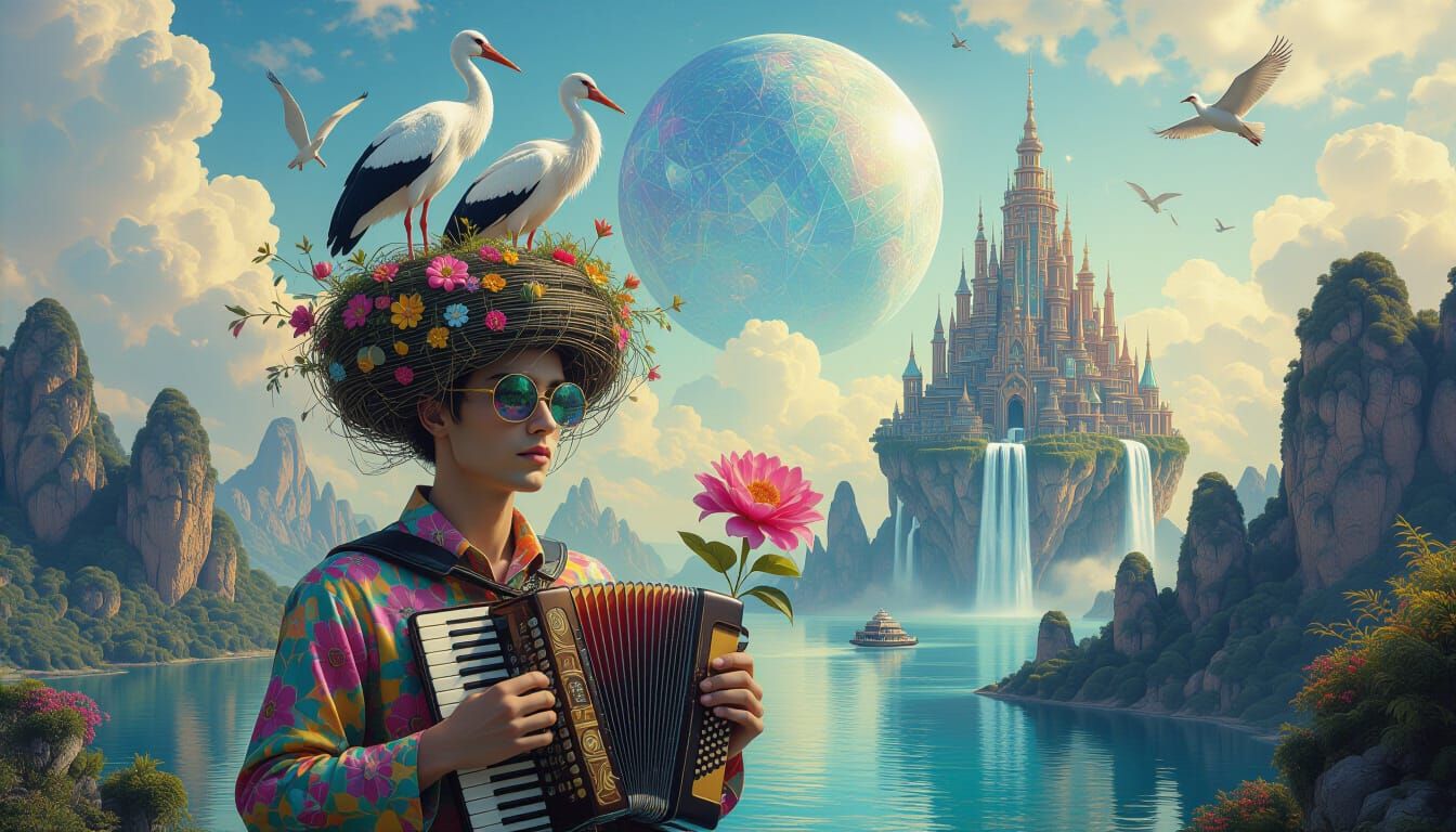 Psychedelic Utopia with Accordionist in Sacred Geometry Art