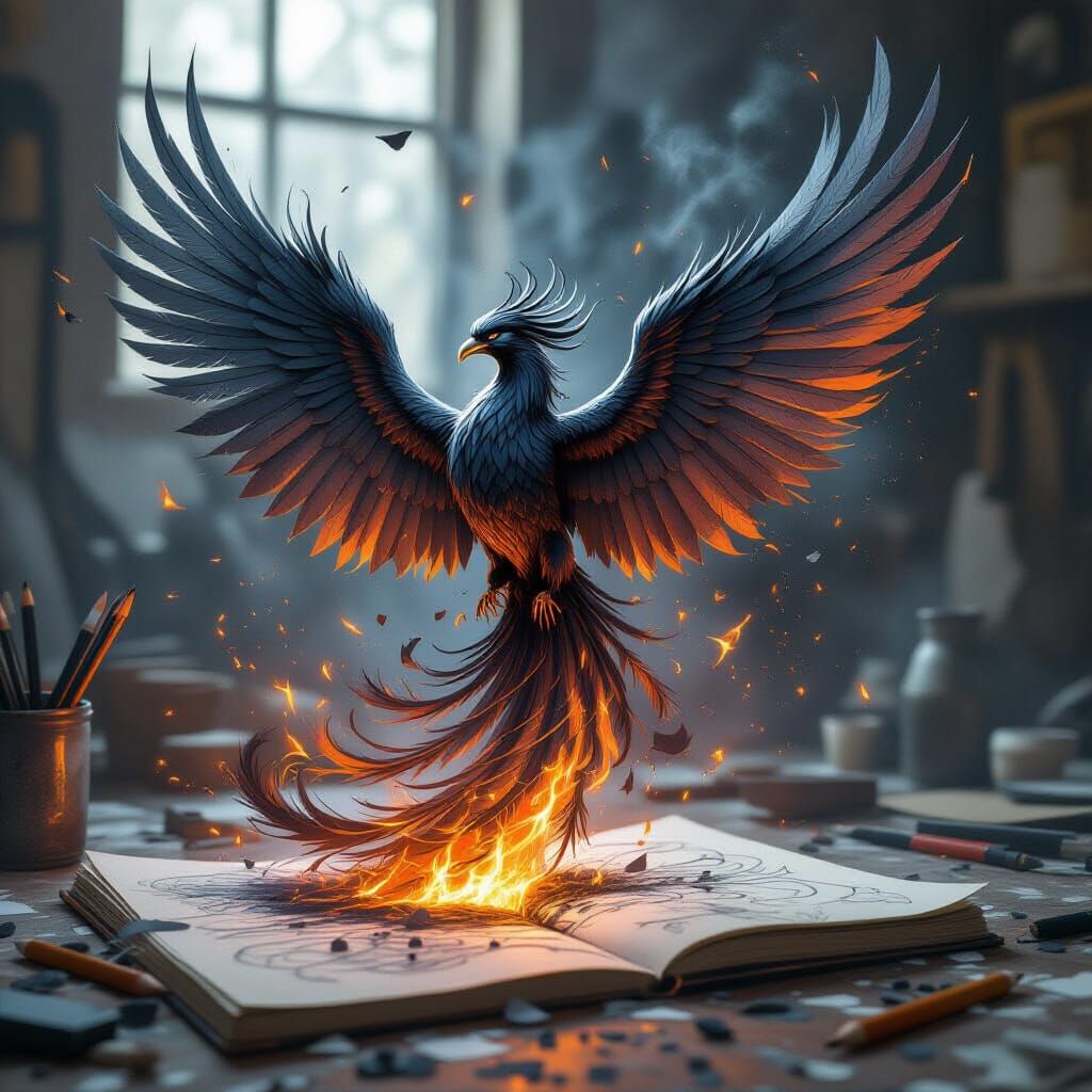 Graphite and Ink Phoenix Rises from Sketchbook