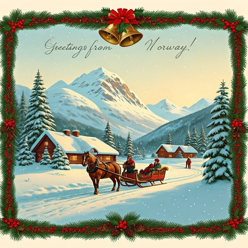 Vintage Norwegian Christmas Card with Sleigh