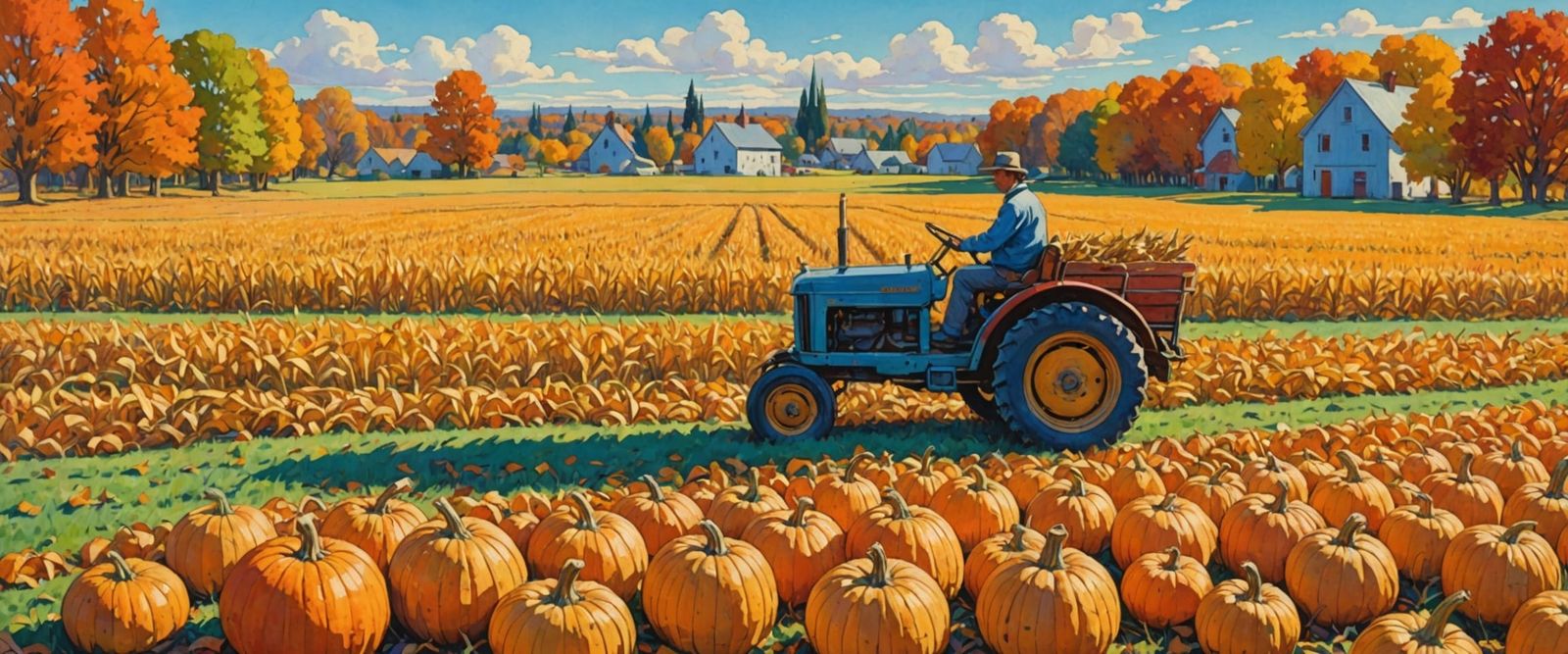 Autumn Harvest Field with Pumpkins and Corn