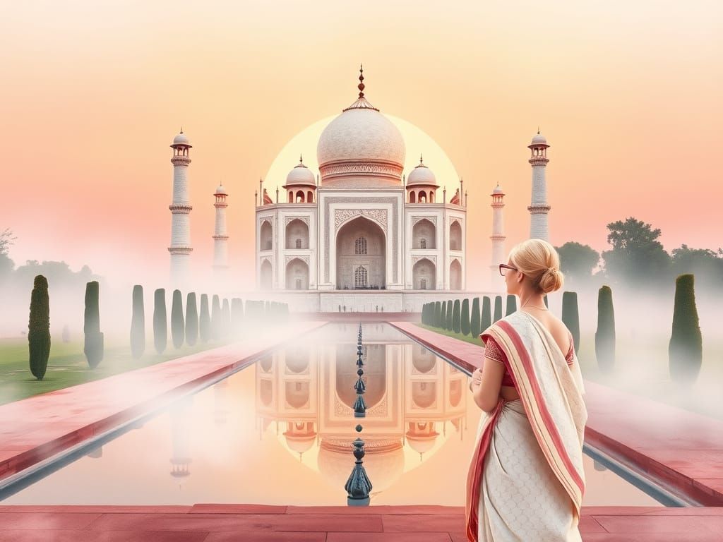Watercolor Taj Mahal at Sunrise with Woman