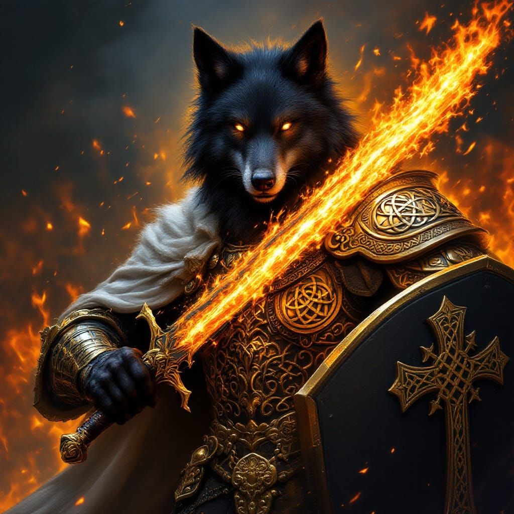 Regal Black Wolf in Gold Armour, Holding Flaming Sword and S...