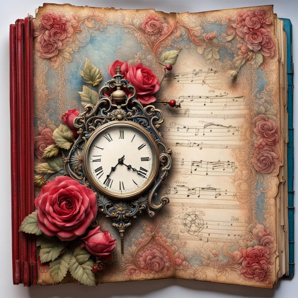 Vintage Journal Page with Roses and Pocket Watch as Detailed...