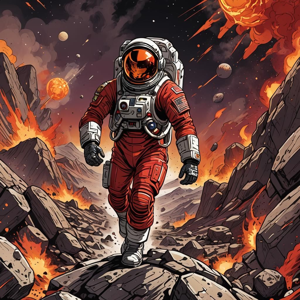 Angry Astronaut on Fiery Planet in Cartoon Style