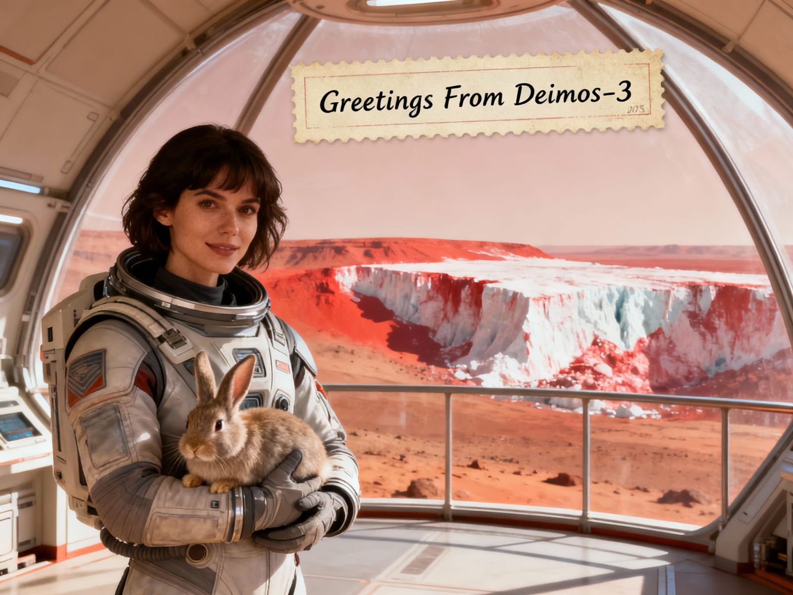 Woman and Rabbit at Mars Moonbase Scenic Overlook