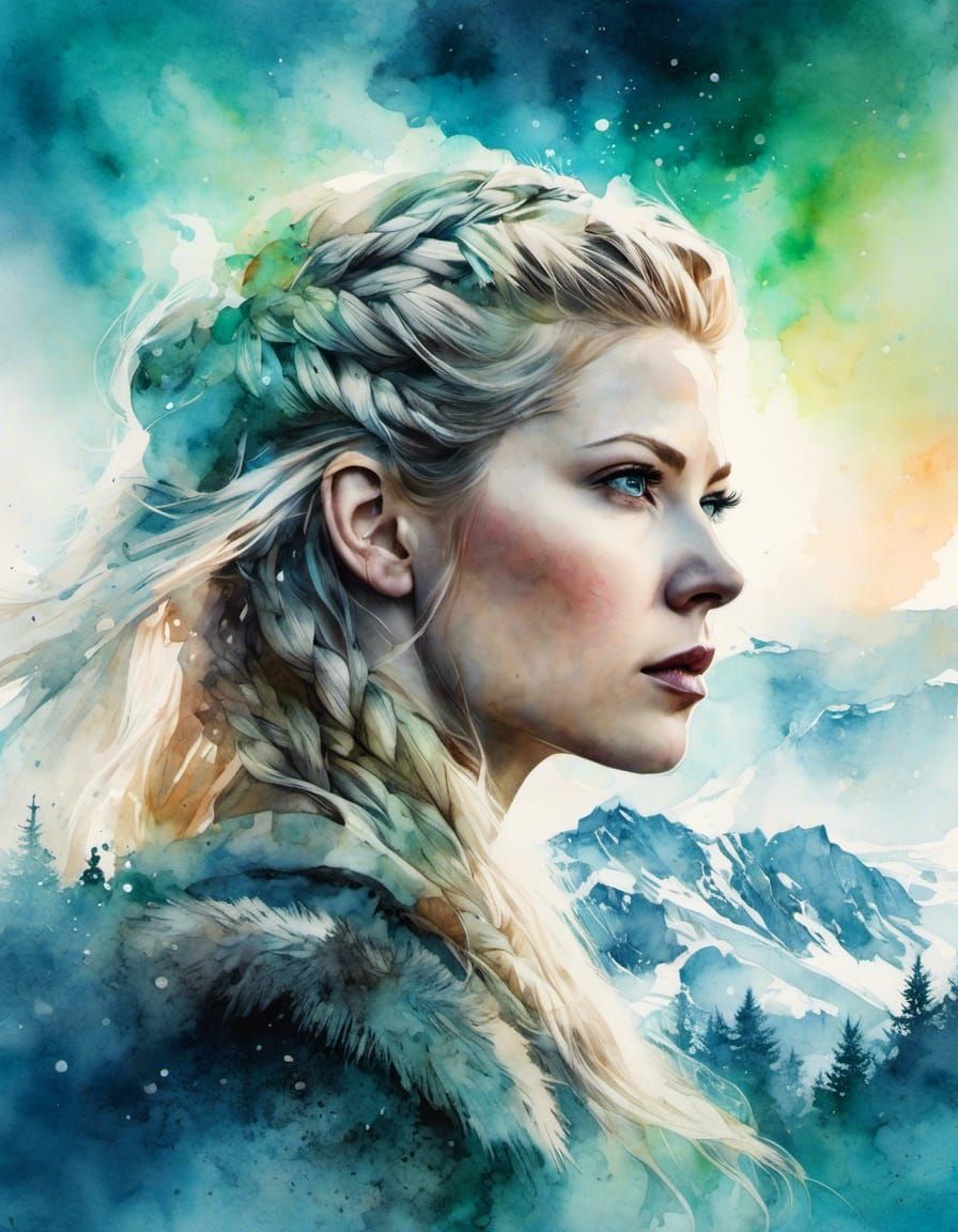 Lagertha in Winterscape Aurora: Digital Watercolor Portrait