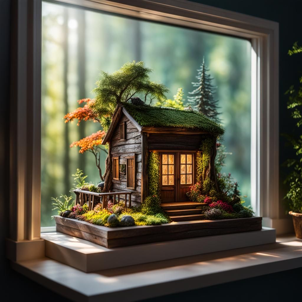 Miniature Forest Cabin and Garden: Hyperrealistic Concept Ar...