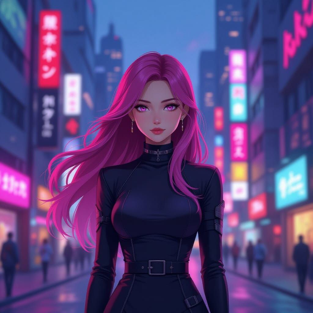 Anime Woman in Futuristic Neon Cityscape at Dusk