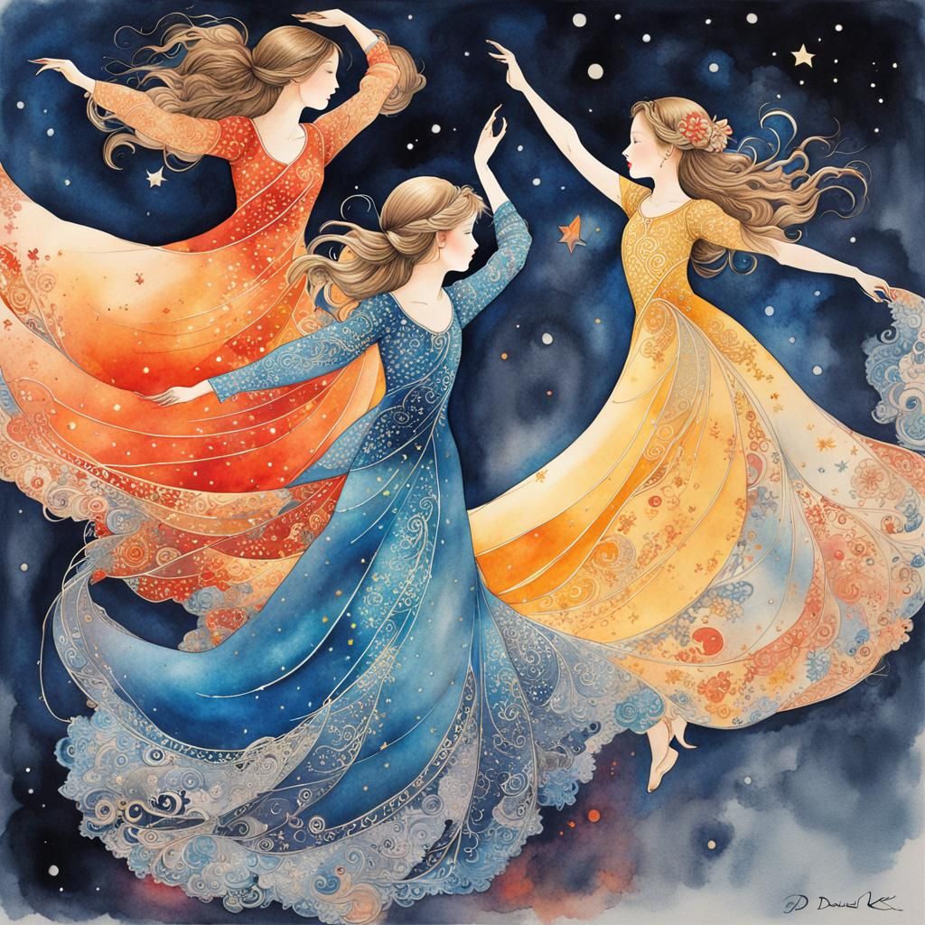 Children Dancing in Moonlight: Watercolor Ink Splash Art