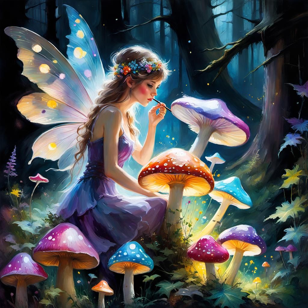Fairy painting colorful spots on mushrooms
