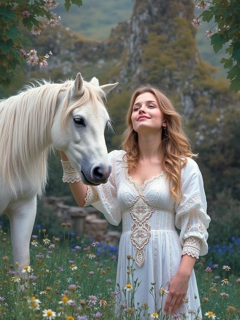Ethereal Young Woman in Lush Pre-Raphaelite Meadow