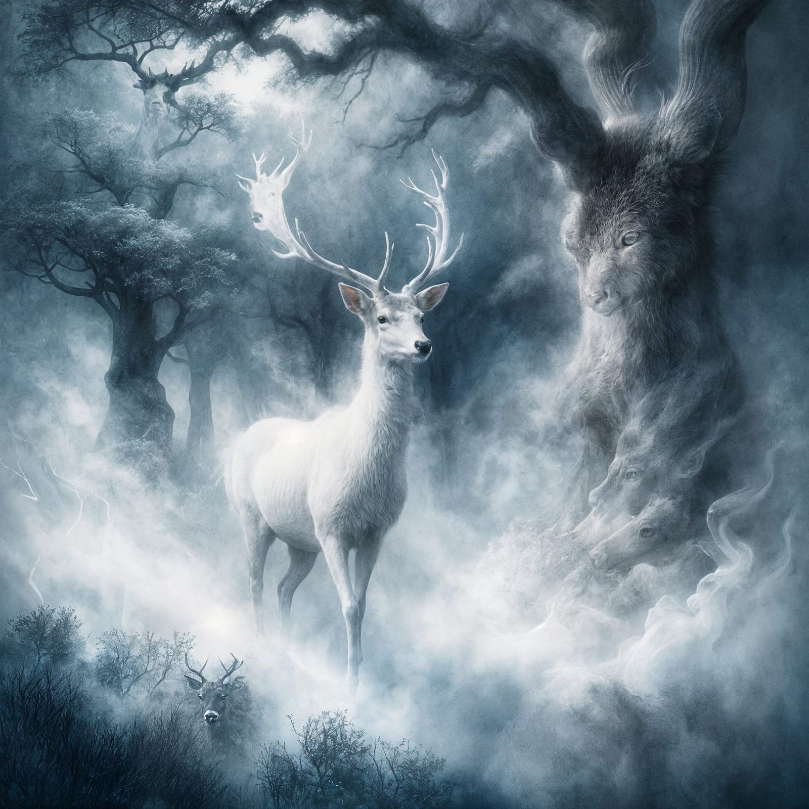 Mystical White Stag Emerges from Ancient Mist