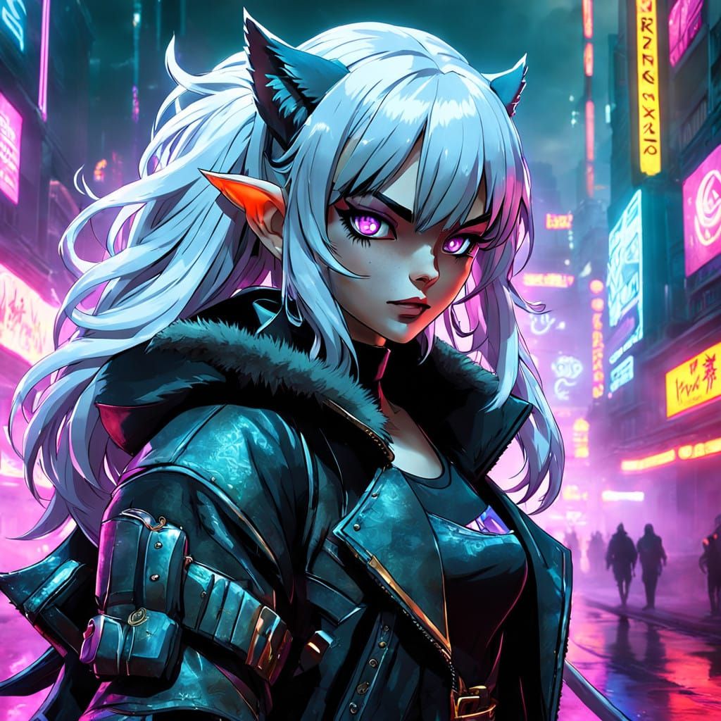 Cyberpunk Catgirl with Violet Eyes and White Hair