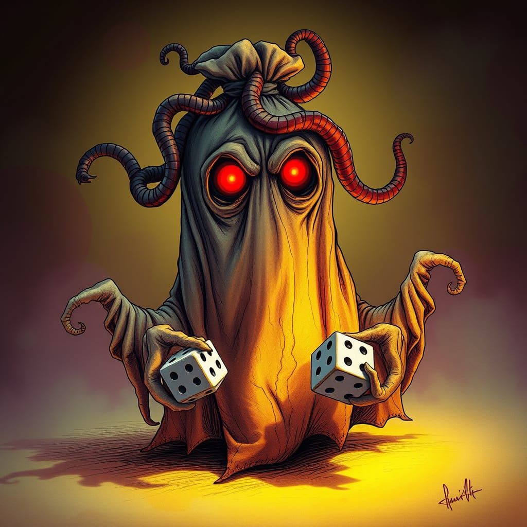 Ghostly Figure in Brown Sack, Eyes Aglow, with Snakes and Di...