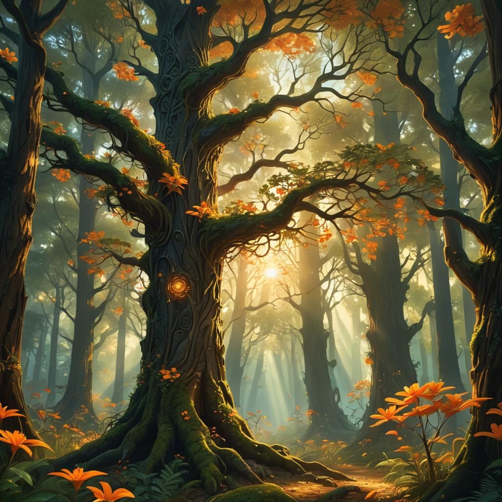Radiant Tree with Orange Flowers: Fantasy Matte Painting
