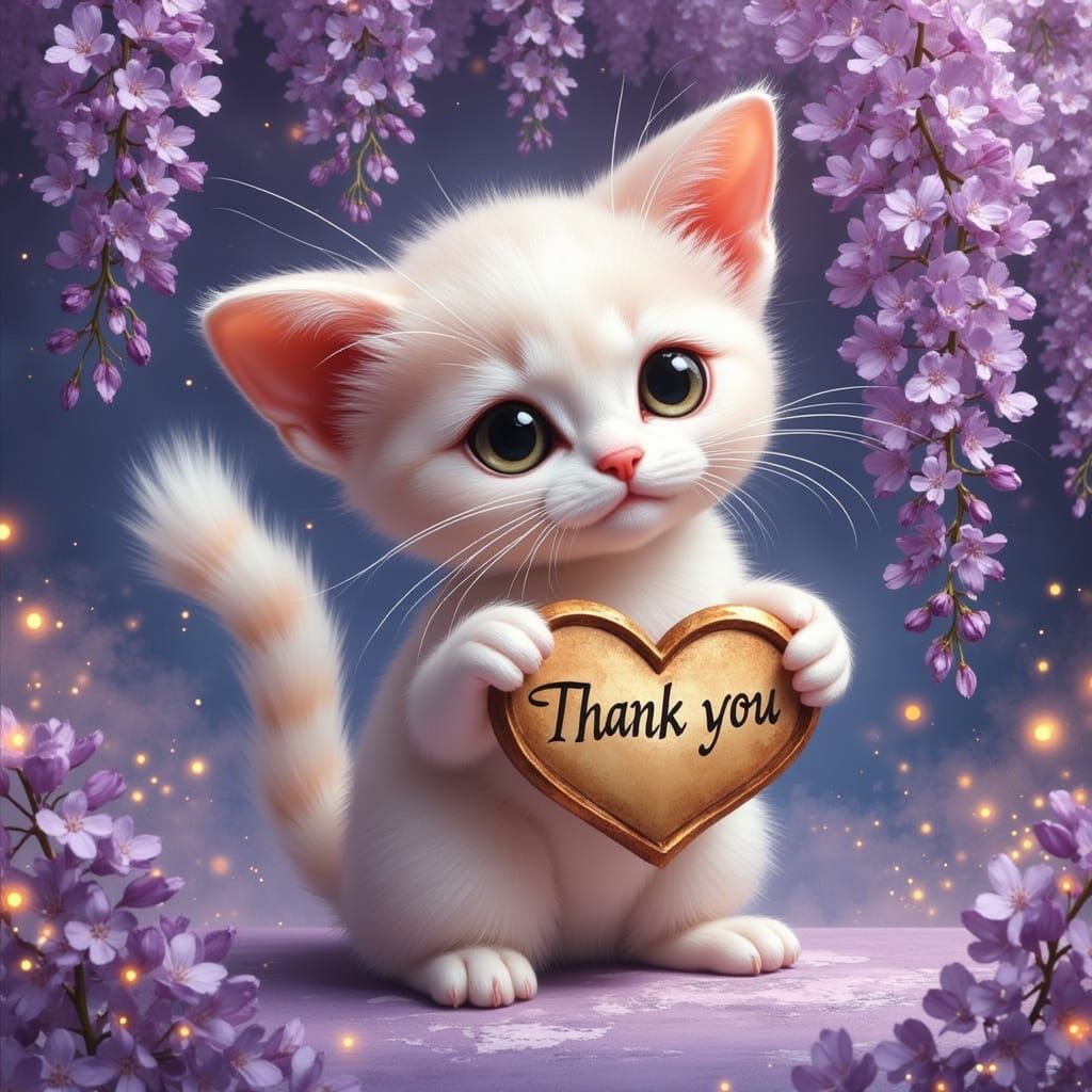 Tiny Pearl Cat Offers Thanks in Dreamscape