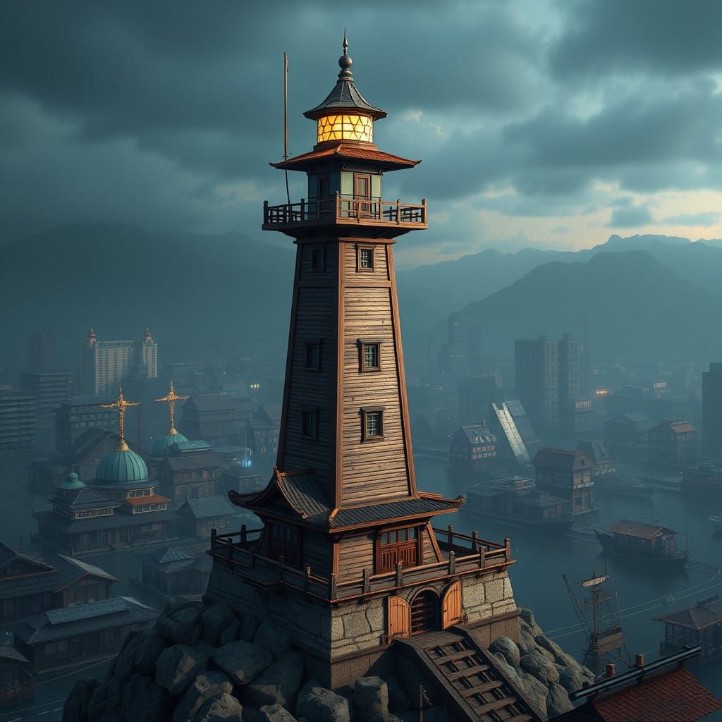 Cyberpunk Lighthouse in Urban Landscape